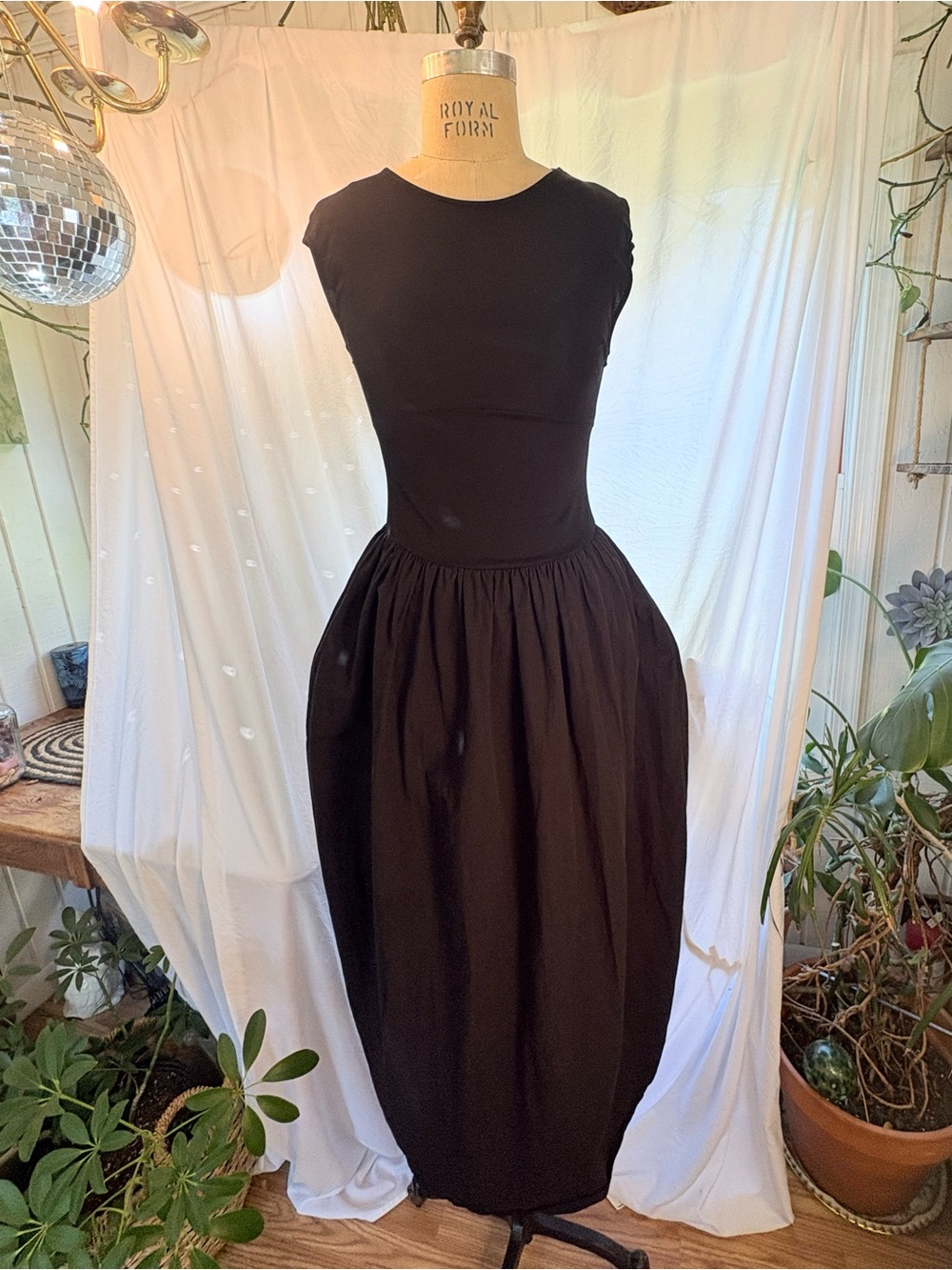 Zara Black Cap Sleeve Bubble Skirt Drop Waist  Minimalist Black Midi Dress Small